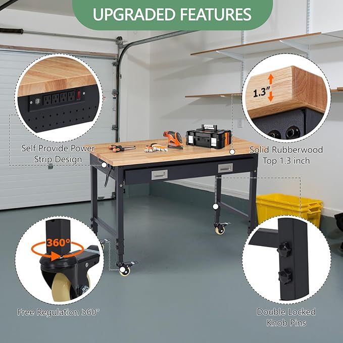48'' Adjustable Workbench, Heavy Duty Workbench with Drawer, Power Outlet and Lockable Wheels, 2000 LBS Capacity, Work Table Suitable for Office, Garage, Workshop