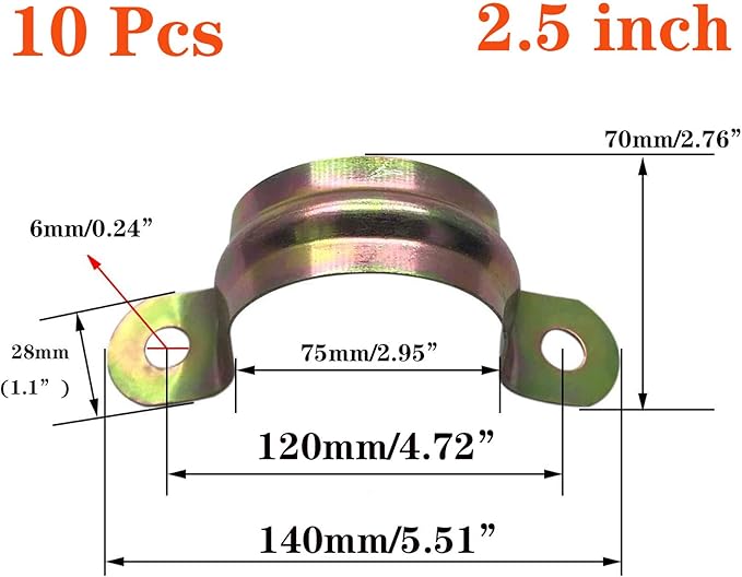 10 Pcs 2.5inch Rigid Pipe Strap,Two Hole Strap U Bracket Iron, Widened Tube Strap Tension Clip Assortment Kit Heavy Duty Pipe Clamp（75mm）