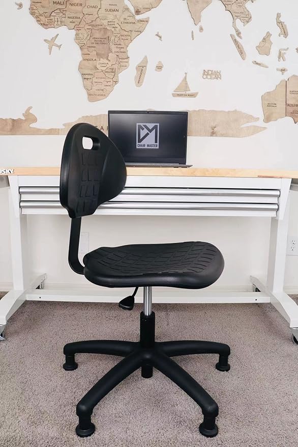 Chair Master Table Height Chair/Stool-Easy to Clean! Deluxe Ergonomic Polyurethane Chair. 5" of Height Adj (15.5"-20.5") 450 lb Capacity. Automotive, Lab, Garage, Home, Office (Glides, Black)