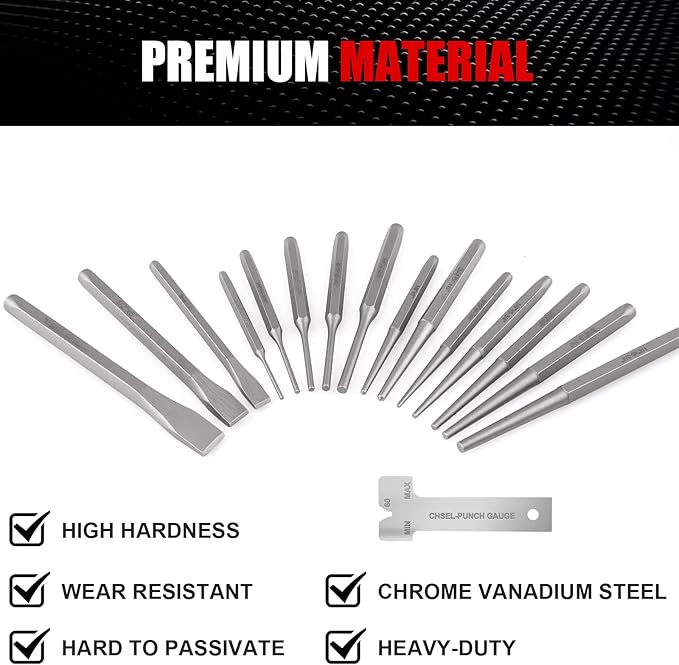 16 Pcs Punch and Chisel Set, Including Taper Punch, Center Punch, Pin Punch, Cold Chisels and Chisel Gauge for Mechanic and Metalworking