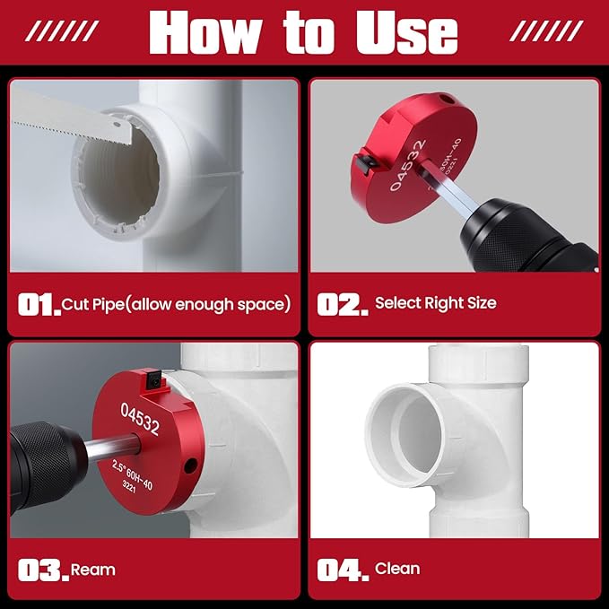 6Pcs PVC Pipe Reamer Kit, Lightweight Hollow Design PVC Fitting Saver for Sch.40 CPVC, ABS, Socket Hub Saver Includes 3/4", 1", 1-1/2", 2", 3", 4", Plumbing Tool Fits Standard 1/2" Drill