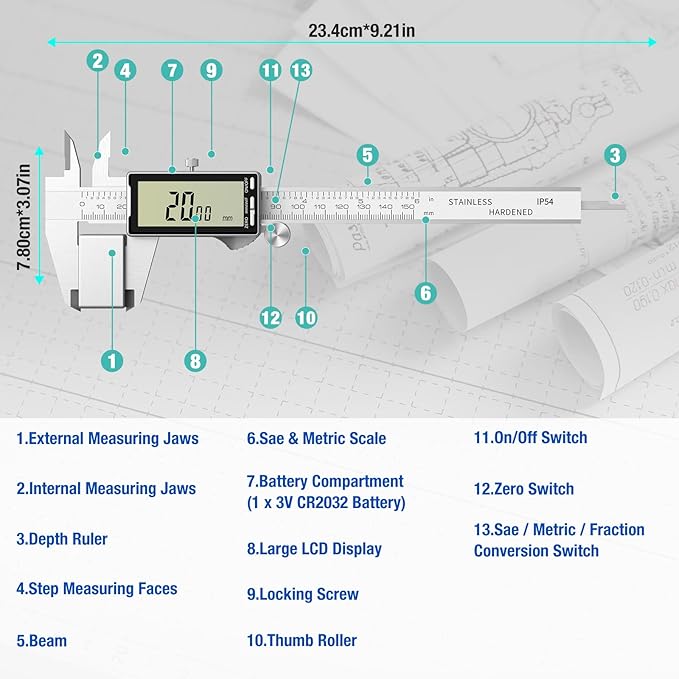 Digital Caliper 6 Inch with Large LCD Screen, Inch/MM/Fraction Conversion, 150mm Micrometer Caliper All Stainless Steel Diameter Measuring Tool for Jewelers/Woodworkers/DIY