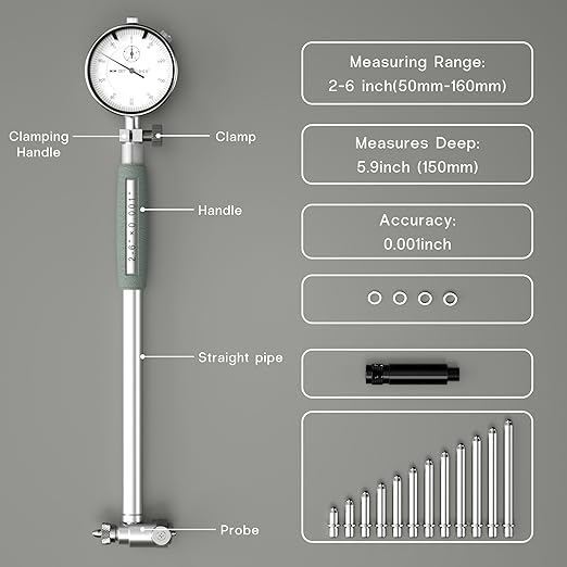 Dial Bore Gauge 2"-6" / 0.001" Engine Hole Cylinder Measurement Gage Inside Micrometer Dial Indicator for Bore Measure Cylinder Tool Kit