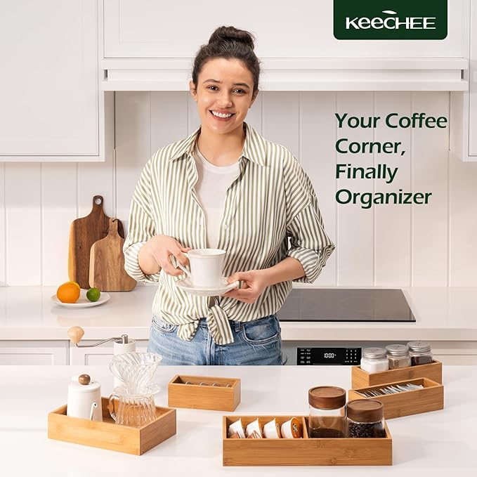 5-Piece Bamboo Drawer Organizer Set, 2.2" Deep | Multi-Use Organizers for Utensils, Silverware, Cutlery, Desk, Bathroom, Junk Drawer & Makeup, Non-Slip Feet Included.