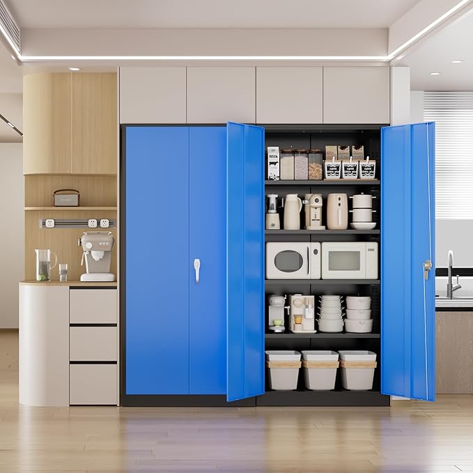 Pataku Metal Storage Cabinet, 71" Garage Cabinet with Doors and Shelves Lockable Steel Multifunctional Cabinets, File Cabinets for Home, Office, Garage, Warehouse(Dark Blue)