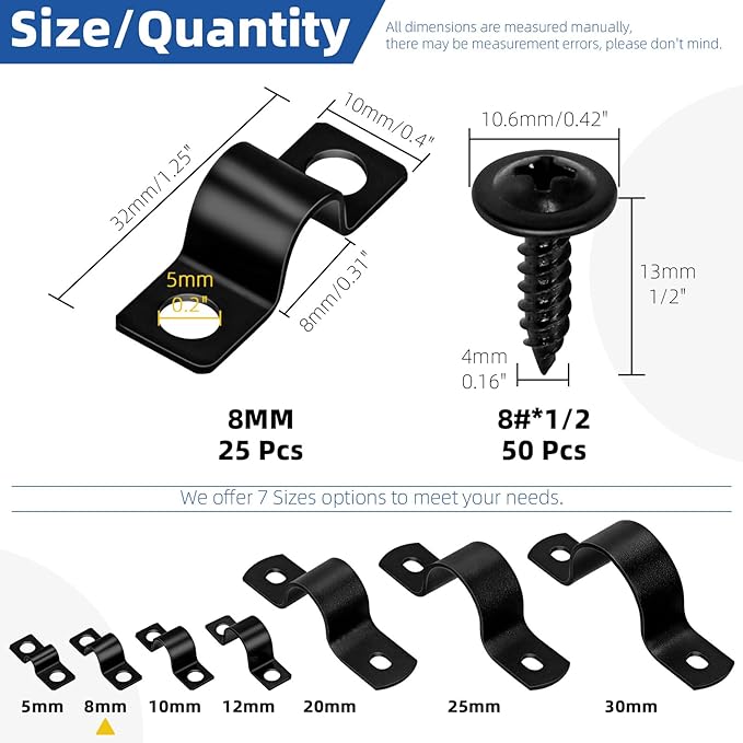 Glarks 75pcs 8mm Pipe Strap Clamp, Black Carbon Steel 2 Hole Strap Heavy Duty Rigid Pipe Strap U Bracket Tube Strap Cable Clamp Hanger Tension Tube Clip with screw for Pipe Tube Cable Fixing