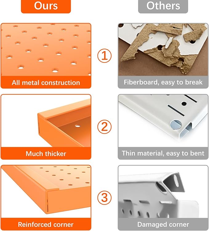 TORACK Metal Pegboard Wall Organizer 24" x 24" or 12" x 48", 70 PCS Tools Storage Pegboard for Garage, Modular Pegboard, Tool Organizer Board with Peg Board Hooks(Orange)