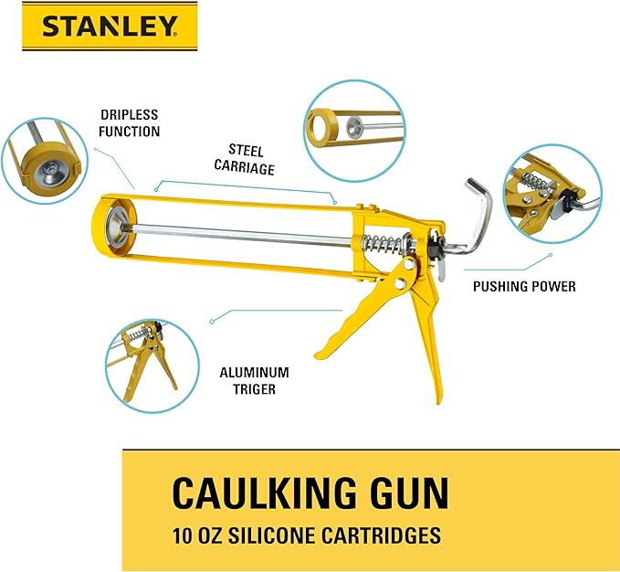 Stanley Caulking Gun - 10 Oz Silicone Sealant Gun with 1400N Pushing Power, No Drip Function, Steel Carriage & Aluminum Handle Sealant Gun | 7:1 Thrust Ratio, 1 Pack