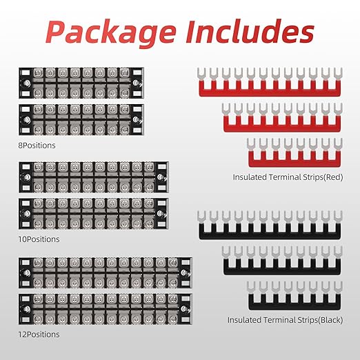 APIELE Screw Terminal Block 8/10/12 Position Dual Row Covered 600V 15A Pre-Insulated Terminal Barrier Strips (15A 8P/10P/12P+6PCS Wiring Strips)