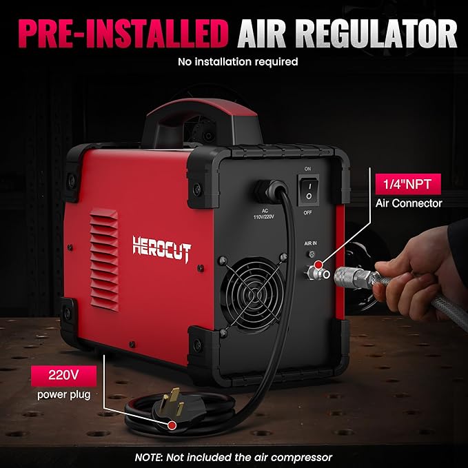 Plasma Cutter, 55Amps HEROCUT Plasma Cutter Machine CUT55i, Non-Touch Pilot Arc, 110/220V Dual Voltage IGBT Inverter, Screen Display, Air Sensor, 1/2'' Clean Cutting Thickness, 2T/4T for Beginners DIY