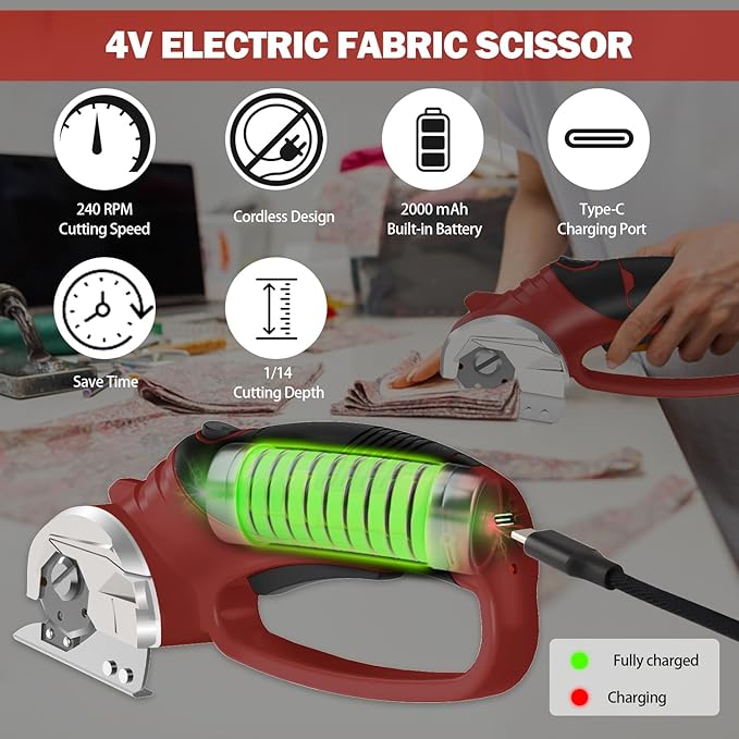 Cordless Electric Scissors, 4V Box Cutter & Cardboard Cutter with Upgrade Blade, LED Light, Safety Lock - Rechargeable Rotary Cutter for Fabric, Leather, Plastic, Crafting, Sewing, Industrial (Red)
