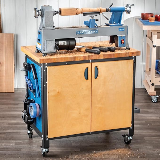 10x18” Mini Lathe Machine - Sturdy Cast-Iron Made Wood Lathes - Adjustable & Secured Woodturning Tools for Small to Medium-size Projects - Non-Slip Wood Lathe Accessories for Legs, Handles & Decor