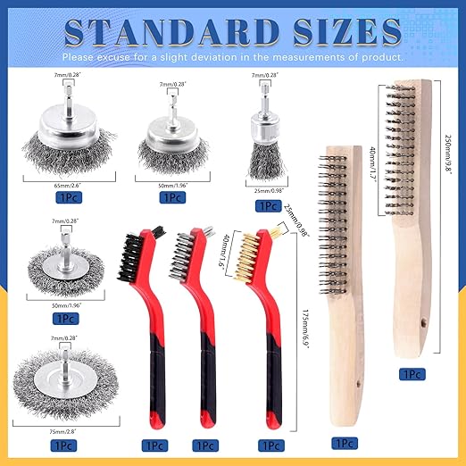 Glarks 10Pcs Wire Scratch Brush Set, Including 5Pcs Wire Wheel Cup Brushes, 3Pcs Brass/Nylon/Stainless Steel Brushes with Wood Handle Curved Grip, 2Pcs Stainless and Carbon Steel Wire Brush