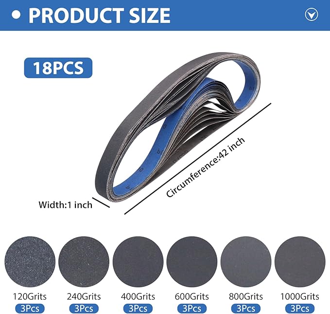 Taokyid 18 Pack 1 x 42 Inch Sanding Belts, 1x42 Silicon Carbide Sanding Belts, 3 Each of 120 240 400 600 800 1000 Grits Sander Belts for For Knife Sharpening and Metalworking, 1x42 Sanding Belts
