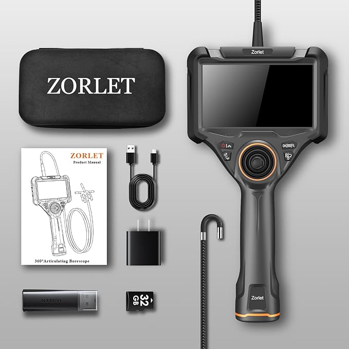 360 Articulating Borescope, 5" Monitor, 6.2mm Industrial Inspection Camera with 4-Way Joystick Articulation and 3.3FT Semi-Rigid Snake Tube, HD Endoscope for Automotive, Pipe & Equipment