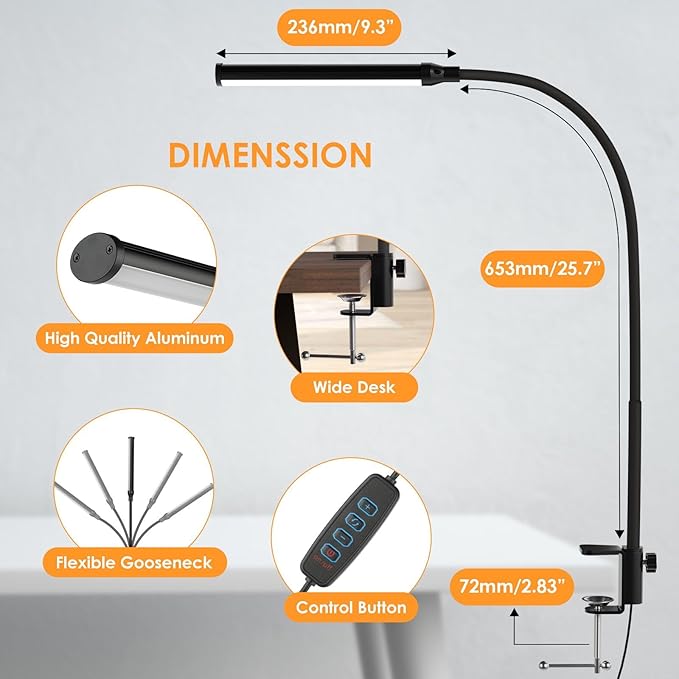 ShineTech LED Desk lamp with Clamp, Eye-Caring Clip Lights for Home Office, 3 Colors Full Brightness, Flexible Gooseneck USB Adapter Table Lamp, Black