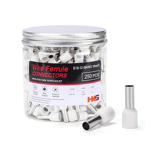 HKS 250PCS Wire Ferrule Connectors - AWG 8-10.0mm² Copper Barrel Pin Cord Ends Insulated Ferrules Terminals - E10-12 White