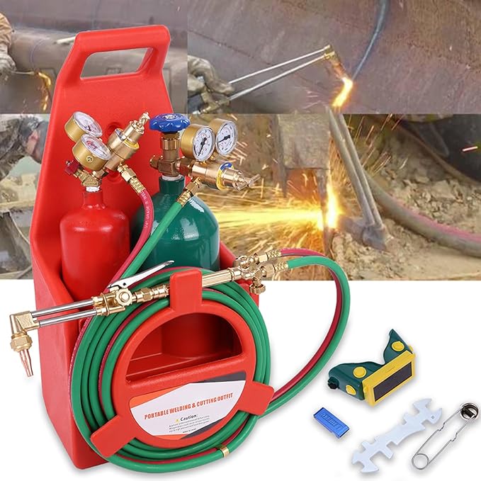 Portable Oxygen Acetylene Torch Kit, Professional Oxy - Acetylene Welding & Cutting Set with Gauge, Gas Tank Tote, Long Pipe Brass Nozzle, for Industrial & DIY Use