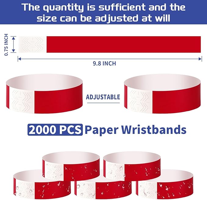 2000 Pcs Paper Wristbands for Events Waterproof Neon Red Wrist Bands Adhesive Concert Identification Wristbands Hand Bands for Events(Red)