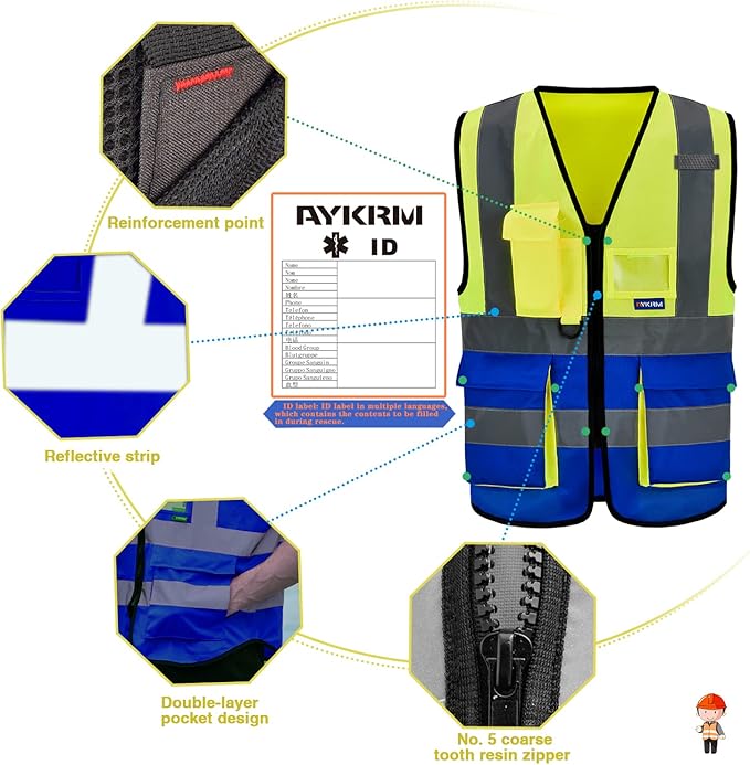 XSMALL High Visibility REFLECTIVE WORK Yellow Blue Safety Vest with zipper Reflective Strips 7 Pockets