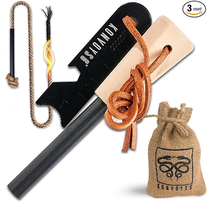 Fire Starter Survival Tool–Ferro Rod Fire Starter with 11" Waterproof Tinder Wick Rope, Multi-Tool Striker and Extra Jute Bag - All-in-One Flint and Steel Fire Starter Kit.