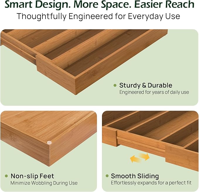 Carbonized Bamboo Kitchen Drawer Organizer, 5 Slots Expandable Silverware Organizer, Utensil Holder & Cutlery Tray, 2.2" Deep for Extra Capacity, Non-Slip Feet Included