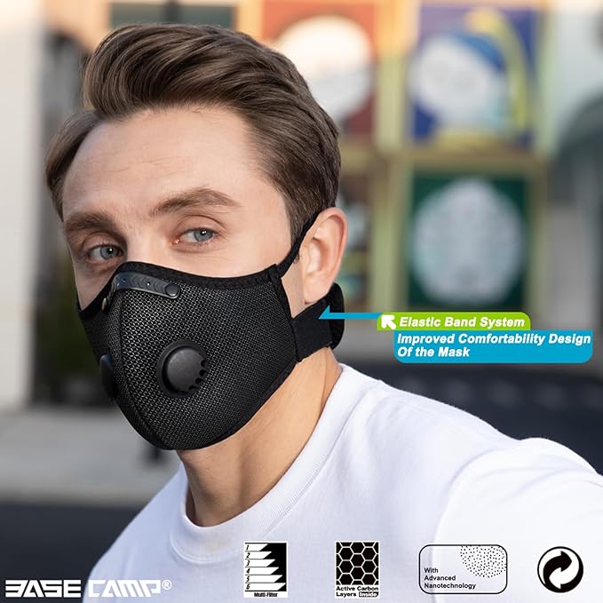 BASE CAMP Upgrade M Plus Mesh Silver and Black Dust Mask, Breathable Reusable Dust Face Mask with Valves and 6 Activated Carbon Filters (2 Silver)