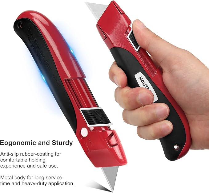HAUTMEC High Safety Utility Knife, Self-retracting Box Cutter with Double Safety Mechanism - Automatic Blade Retraction After Cuts & Self-retraction by Release Push Button – HT0195