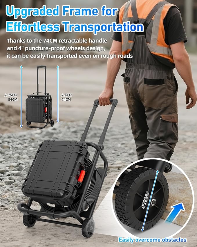Sanyipace Self-Leveling Sewer Camera 100FT/30M with Wheels and Retractable Handle, Drain Camera with 512Hz Transmitter, Distance Counter, Microphone Speaker Keyboard, 10" Color Screen, 32GB TF Card