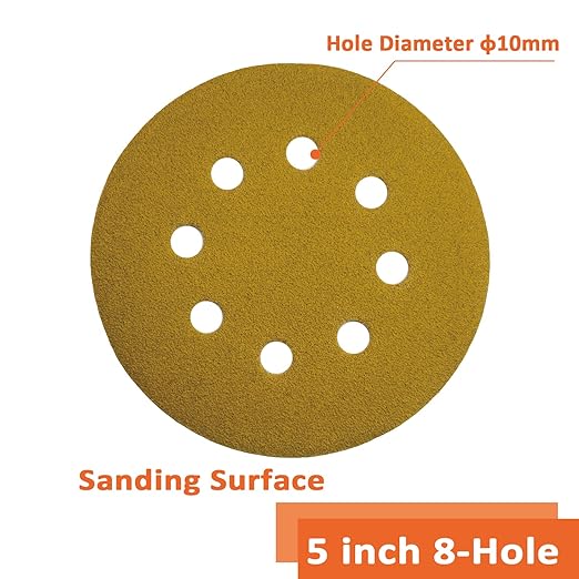 Orbital Sander Pads 5 Inch 8 Holes 100 Grit Sanding Disc,Hook and Loop Wet/Dry Gold Replacement Sandpaper,Suitable for Wood,Plastic Grinding and Polishing,Pack of 50