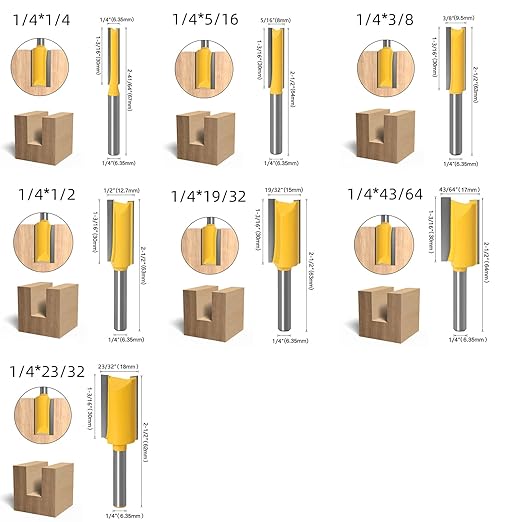 7pcs Straight Router BIT 1/4" Shank Tungsten Carbide Double Straight Dado Router Bit Set, 1/4,5/16,/3/8,1/2,19/32,43/64,23/32 Cutting Diameter Trimming Cutter for Woodworking