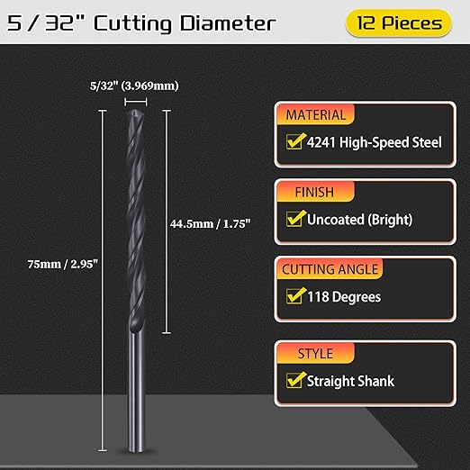 Drill Bit, 5/32" Cutting Diameter, 4241 HSS Nitriding Black 118° Cutting Angle Versatile Jobber Bits - (Applications: for Drilling Plastic Wood Soft Metal), 12-Pieces