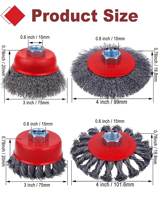 Rocaris 6 Pack Wire Wheel Cup Brush for Angle Grinder, 3 & 4 Inch Twisted Knotted & Coarse Crimped Cup Brush for Cleaning Rust, 5/8 -11 Inch Threaded Arbor