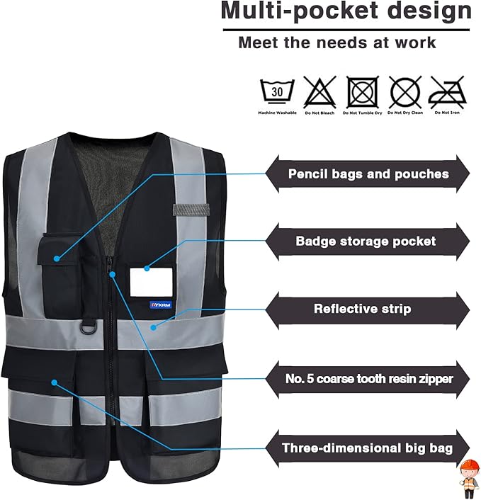 A-SAFETY 7 Pockets Hi Viz Zipper Front Working Safety Vest with Reflective Strips, Multiple Colors Available, Black S