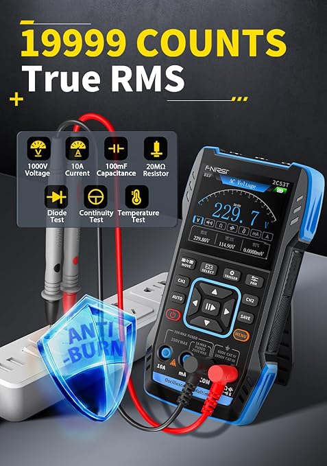 【FNRSI Newest Upgraded 2C53T with 2 P6100 Probe】 3In1 Oscilloscope/Multimeter/DDS Signal Generator 50MHz Bandwidth 250MS Sampling Rate 20000 Count RMS for Voltage, Current, Capacitor, Resistor, Diode
