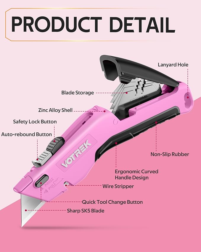Box Cutter Utility Knife, 2-in-1 Safety Retractable Box Cutter for Women, Quick Change Razor Knife for Home, Office & DIY, Blade Storage Design, with Extra Sharp Razor & Hook Blades (Pink)