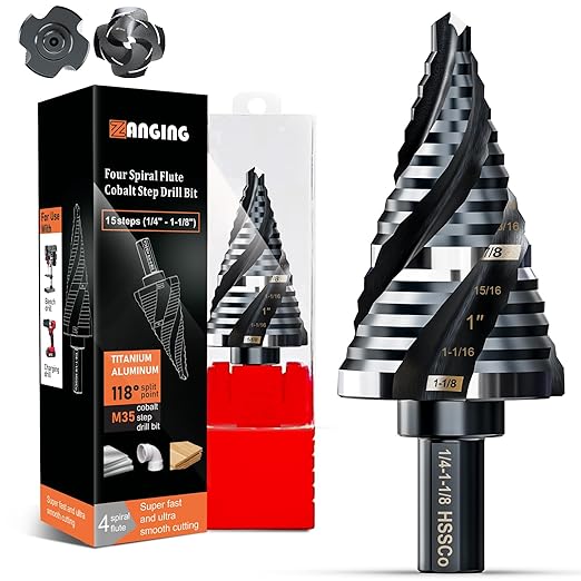 Four Spiral Flute Step Drill Bit for Metal,M35 Cobalt Unibit Step Drill Bit Set 1/4" - 1-1/8"(15 Sizes),Wear-Resistant AlTiN Coated,3/8" Hex Shank for Metal, Stainless Steel, Aluminum, Plastic