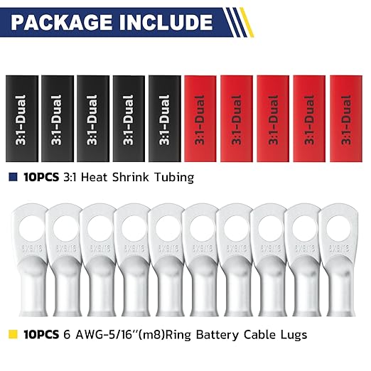 haisstronica 10pcs 6 AWG - 5/16" (M8) Tinned Copper Battery Lugs, Heavy Duty Copper Wire Lugs with 10pcs 3:1 Adhesive Heat Shrink Tubing, 6 Gauge Wire Lugs, Tinned Copper Battery Cable Ends