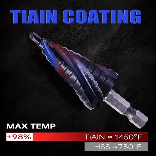 Four Spiral Flute Cobalt Step Drill Bit, 3/16"-7/8" M35 Cobalt Step Drill Bit Wear-Resistant AlTiN Coated, 1/4" Hex Shank for Hole Drilling in Stainless Steel, Copper, Aluminum, Wood, Plastic