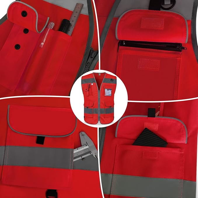TCCFCCT Safety Vest for Men Women 9 Pockets High Visibility Reflective Vest for Safety, Work Vest with Reflective Strips, Meets ANSI/ISEA Standards, (Red, X-Large)