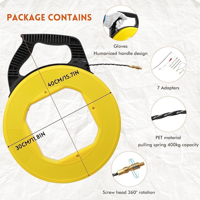 Fish Tape Wire Puller- Fiberglass Fish Tape Cable Puller Kit 164FT 3.5mm PET Wire Pulling Tools- Cable Pulling Aid Including 5 Adapters