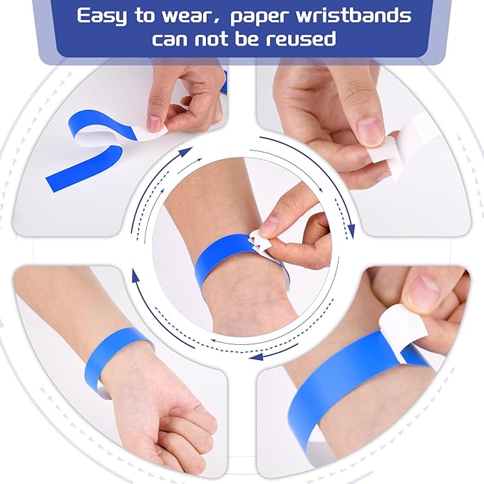 500 Pcs Blue Paper Wristbands for Events Waterproof Neon Wrist Bands Adhesive Concert Identification Wristbands Hand Bands for Events (Blue)