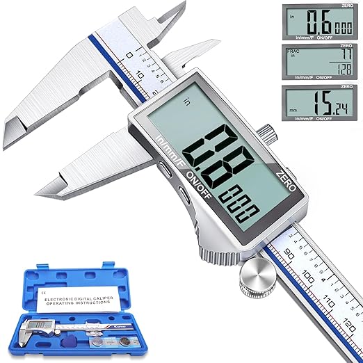 Kynup Digital Caliper, Caliper Measuring Tool with Large LCD Screen, Micrometer Caliper, Stainless Steel, Screen Splash Proof, Easy Switch from Inch Metric Fraction (6 Inch)