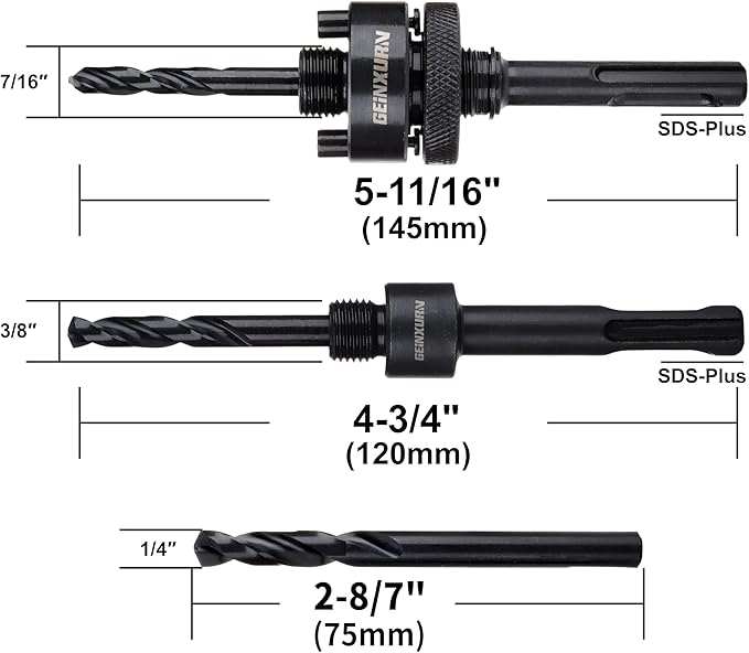 SDS-Plus Hole Saw Mandrel, Include 2Pcs Hole Saw Arbors with 3Pcs 1/4 Inch HSS(M2) Central Drill/2PCS Hex wrench/2Pcs Spring