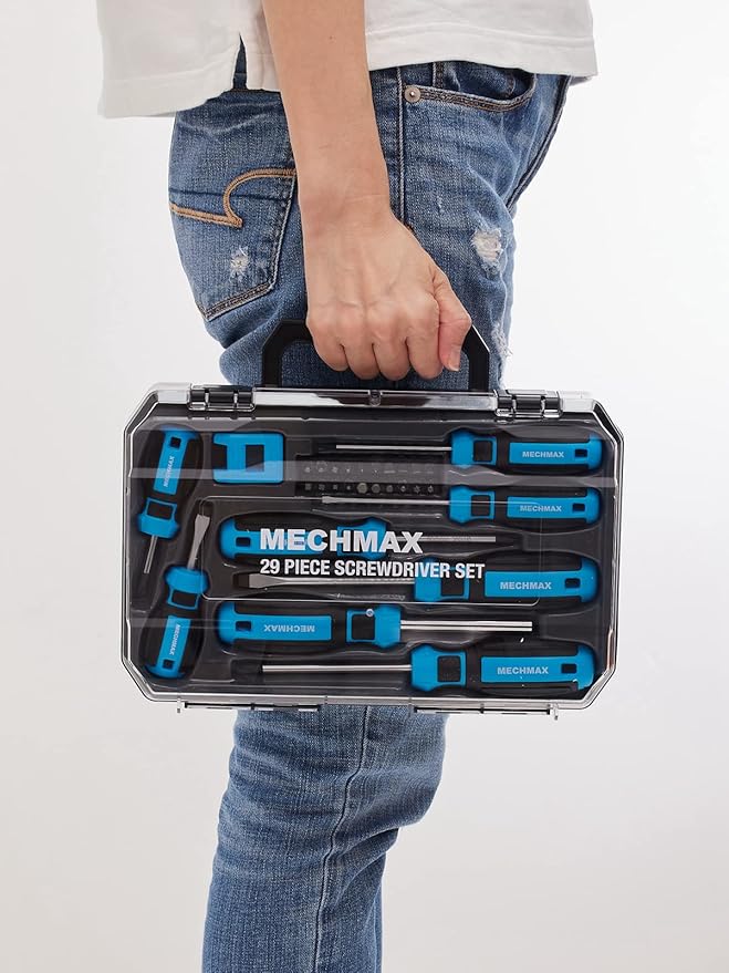29Piece MECHMAX Magnetic Screwdriver Set with Assorted Bits Includes Phillips, Slotted, Star, Hex & Square Bits, Features Magnetizer/Demagnetizer & Storage Case, Hand Tool Kit for Home Repair