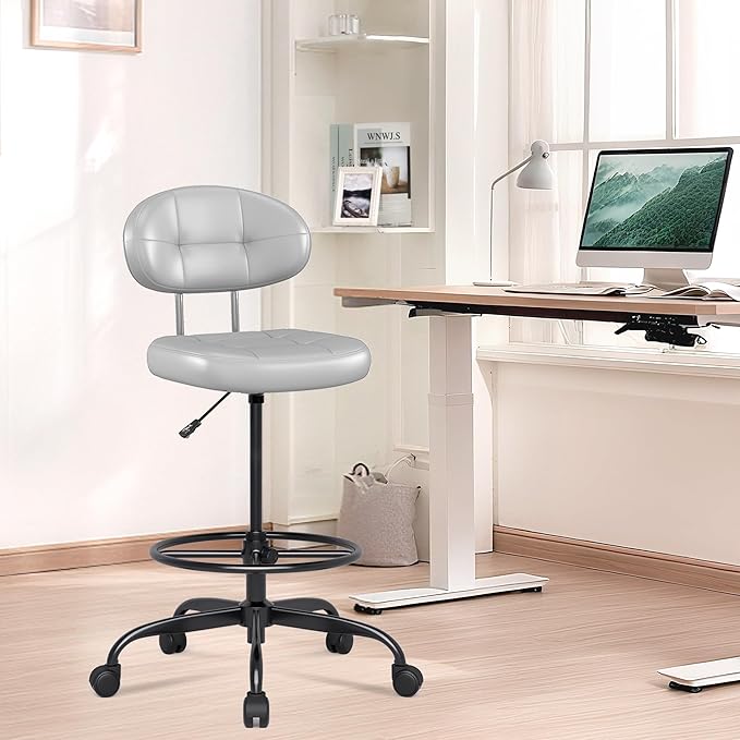 Misolant Drafting Chair, Armless Tall Office Chair with Footrest Ring for Standing Desk, Small Faux Leather Executive Computer Chair with Adjustable Height for Bar Lab Counter Height Desk, Gray