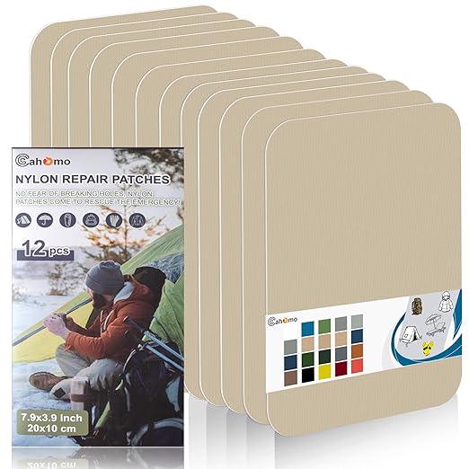 7.9x3.9 inch 12 PCS Nylon Repair Patch Nylon Repair Tape Self Adhesive Fabric Tapes Outdoor Camping Gear Fabric kit for Tent, Umbrella, Down Jackets, Sleeping Bag, Knapsack（Dark Beige）