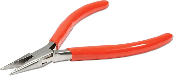 The Beadsmith Slim Line Serrated Chain Nose Pliers, 4.75 inches (120mm) with polished steel head, red PVC comfort grip handle with double-leaf spring, tool for jewelry making