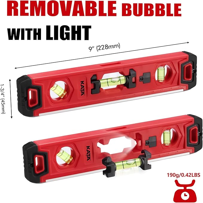 KATA Torpedo Level Magnetic with Light: 9 Inch Shockproof Small Leveler Tool with Ruler - 3 Bubbles Spirit Level with Extra 2 Line Bubble Vials - Plumbing Levelers for Hanging Pictures Home Renovation
