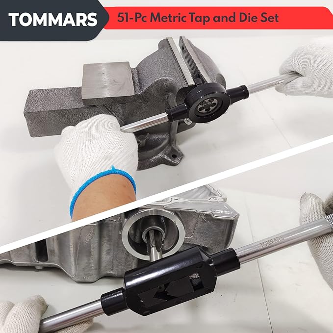 TOMMARS 51-Pc M6 to M24 Jumbo Tap and Die Set Metric Round Threading Dies for Threading and Rethreading Internal and External Threads
